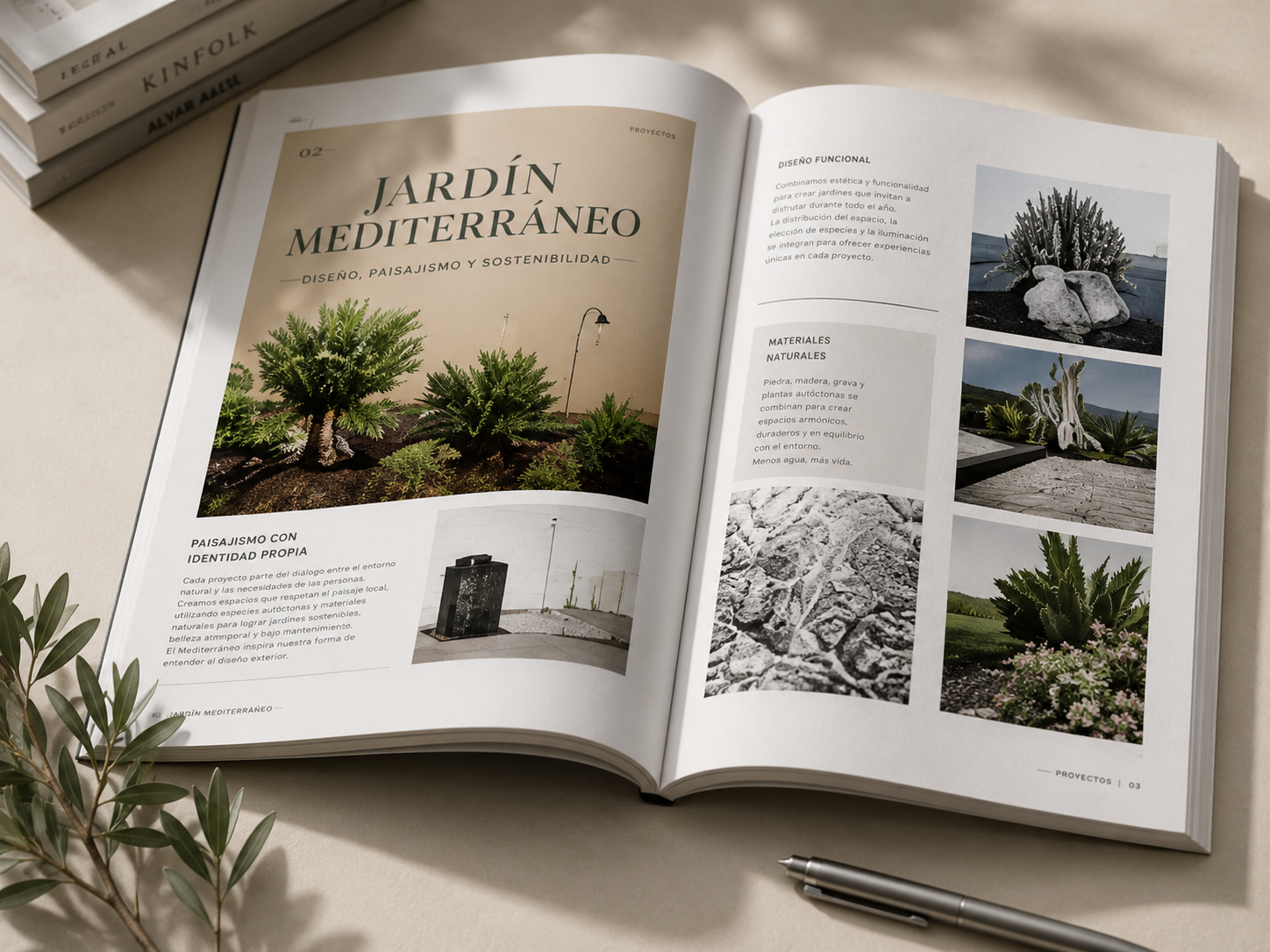 Revista abierta con una maqueta editorial